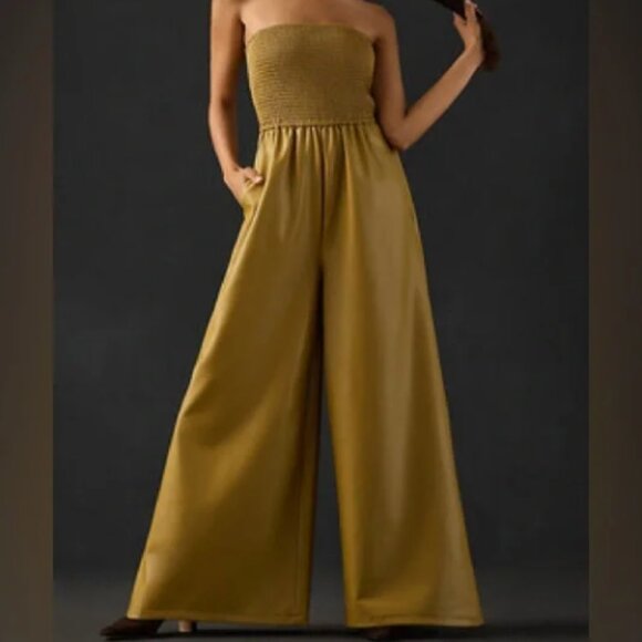 Pilcro Pants - Pilcro‎ Anthropologie M Faux Leather Smocked Wide-Leg Jumpsuit in Khaki